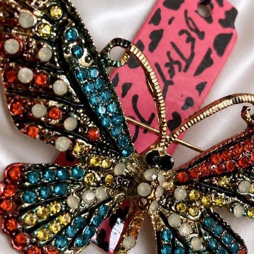 Betsey Johnson Multicolored Rhinestone Butterfly Brooch Gold Tone Statement Pin
